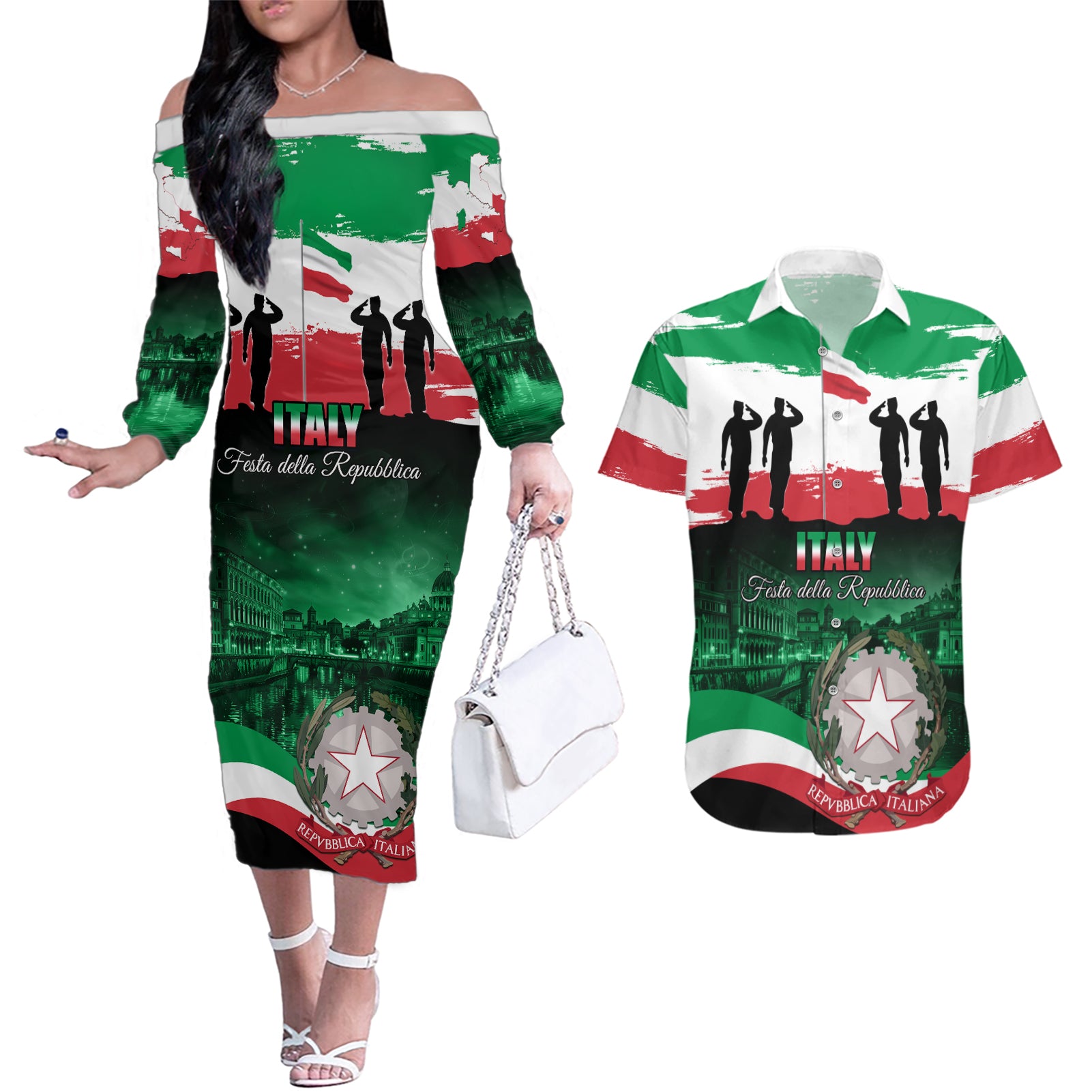 Italy Republic Day Couples Matching Off The Shoulder Long Sleeve Dress and Hawaiian Shirt Festa della Repubblica - Wonder Print Shop