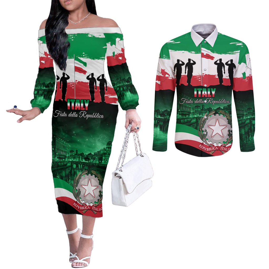 Italy Republic Day Couples Matching Off The Shoulder Long Sleeve Dress and Long Sleeve Button Shirt Festa della Repubblica