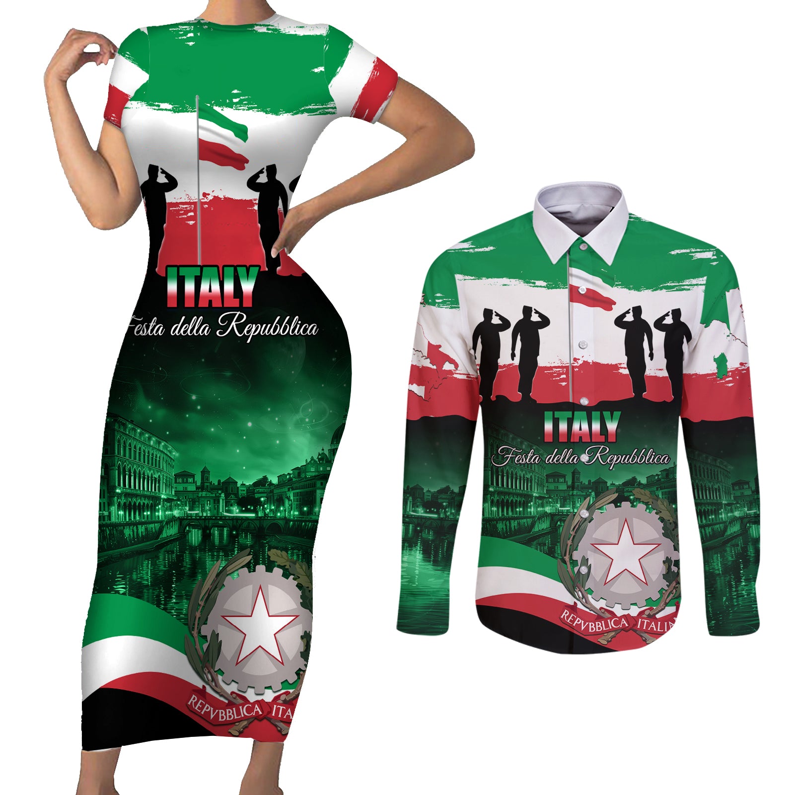 Italy Republic Day Couples Matching Short Sleeve Bodycon Dress and Long Sleeve Button Shirt Festa della Repubblica - Wonder Print Shop