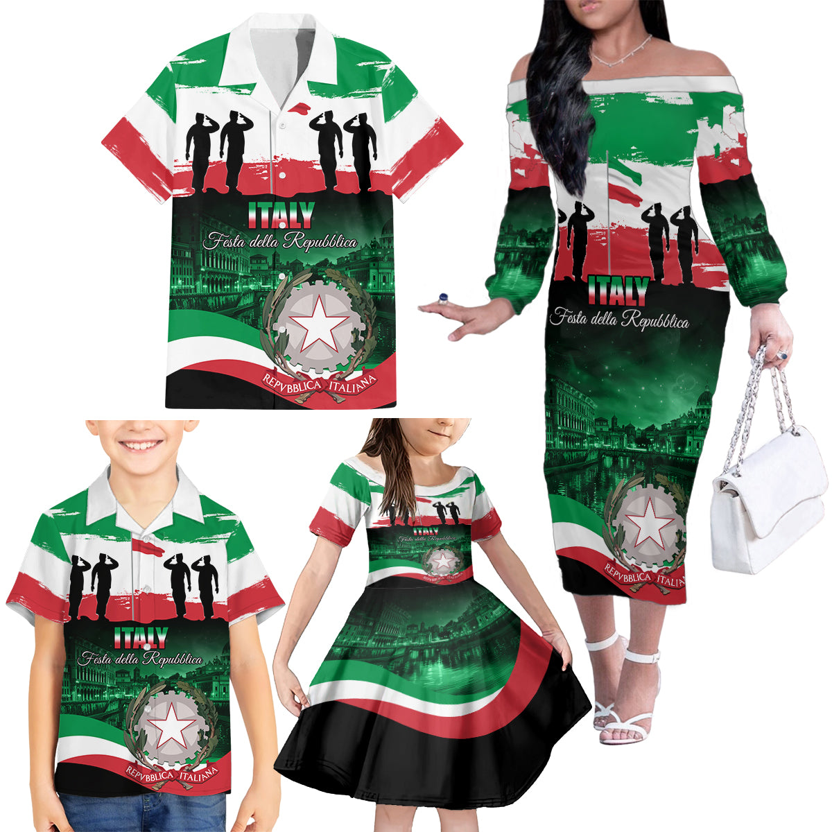 Italy Republic Day Family Matching Off The Shoulder Long Sleeve Dress and Hawaiian Shirt Festa della Repubblica - Wonder Print Shop