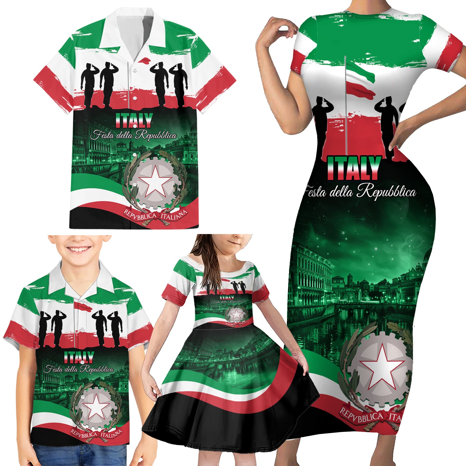 Italy Republic Day Family Matching Short Sleeve Bodycon Dress and Hawaiian Shirt Festa della Repubblica - Wonder Print Shop