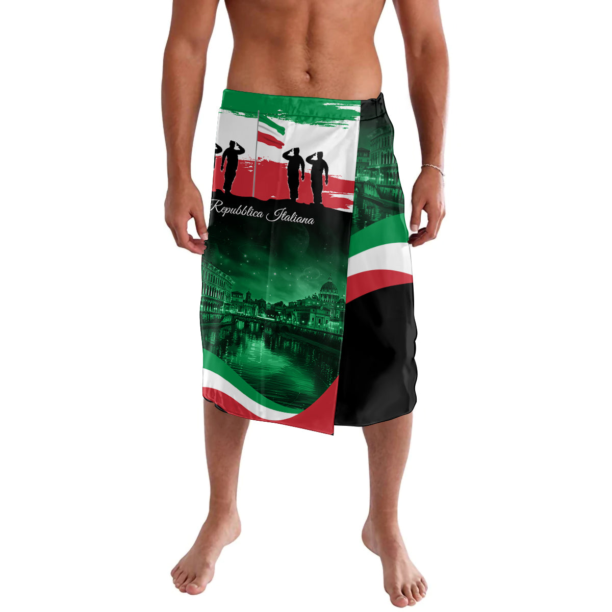 Mens green graphic wrap sarong with Italian flag panel and city skyline print