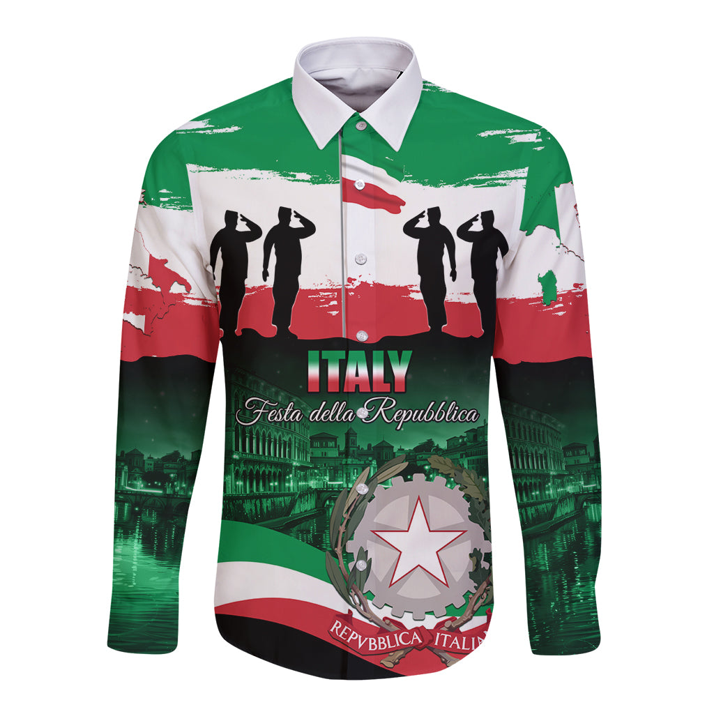 Unisex long-sleeve button shirt with green, white, and red Italy graphic front