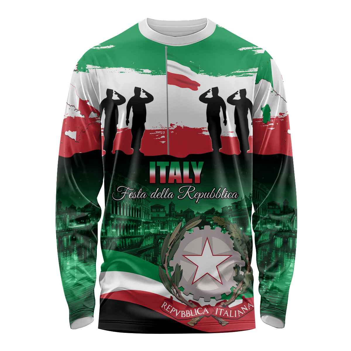 Long-sleeve shirt green white red with ITALY and Festa della Repubblica front print