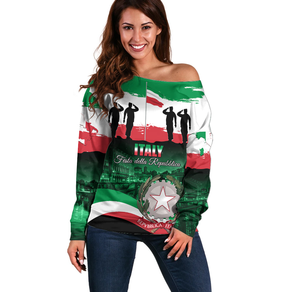 Off-shoulder knit sweater with Italy flag graphic, long sleeves, green/white/red design