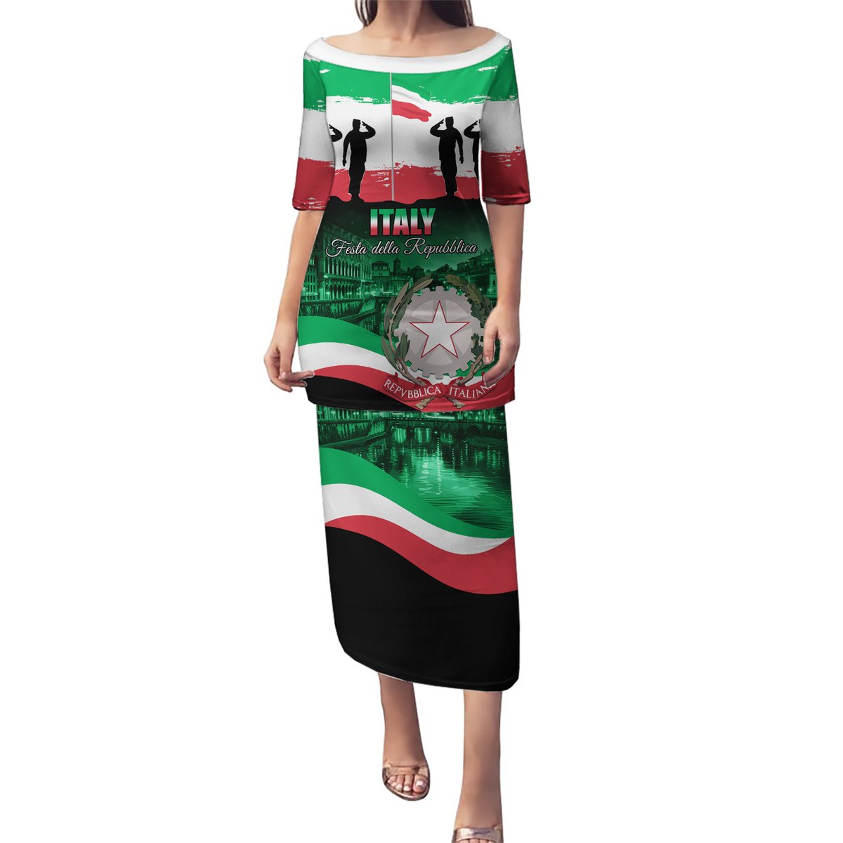 Italy long dress with off-shoulder neckline, Italian flag graphic print, short sleeves