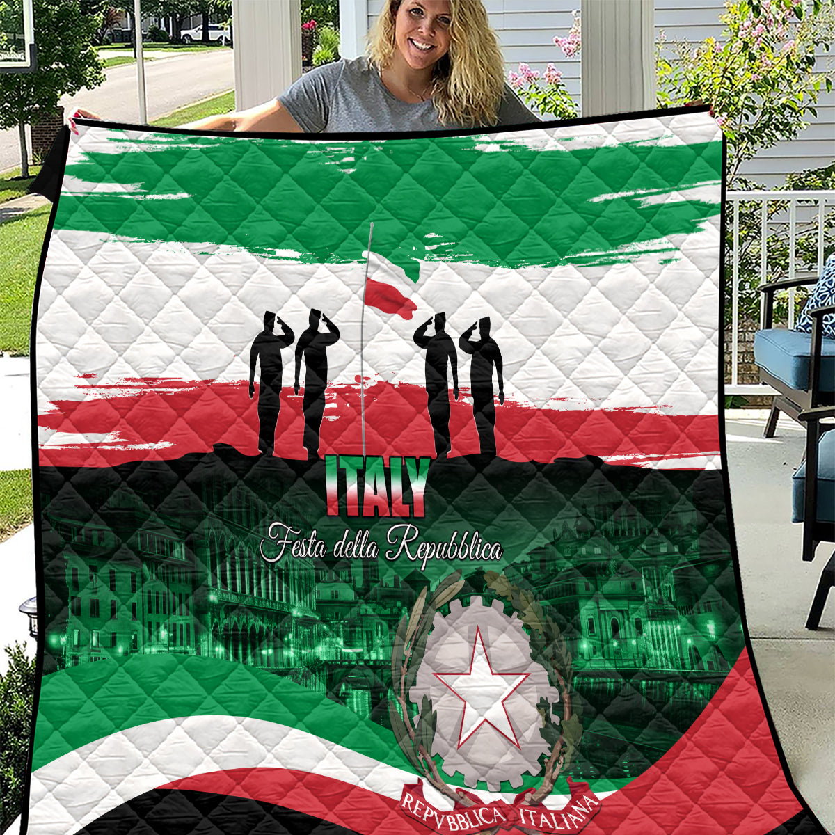 Italy Republic Day quilt with green, white, red flag design, “ITALY” and star emblem