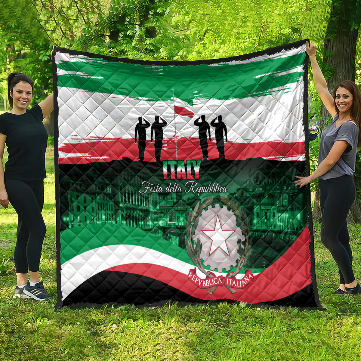 Italy Republic Day quilt outdoors, green white red flag, “ITALY” title and star emblem
