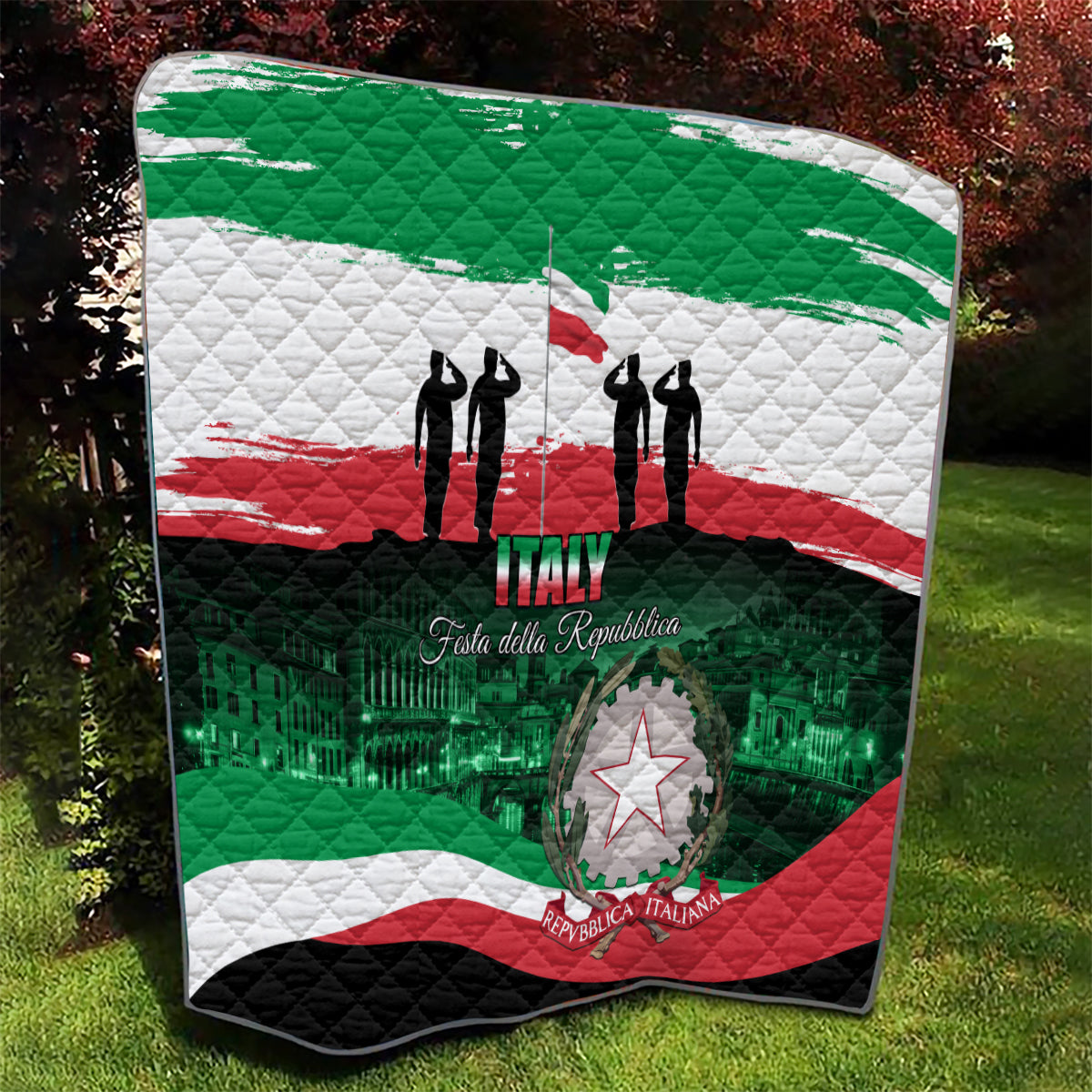 Italy Republic Day quilt close-up, flag stripes, soldier silhouettes, “ITALY” and star emblem