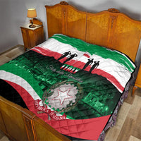 Italy Republic Day quilt on bed, green white red flag with circular star emblem and text