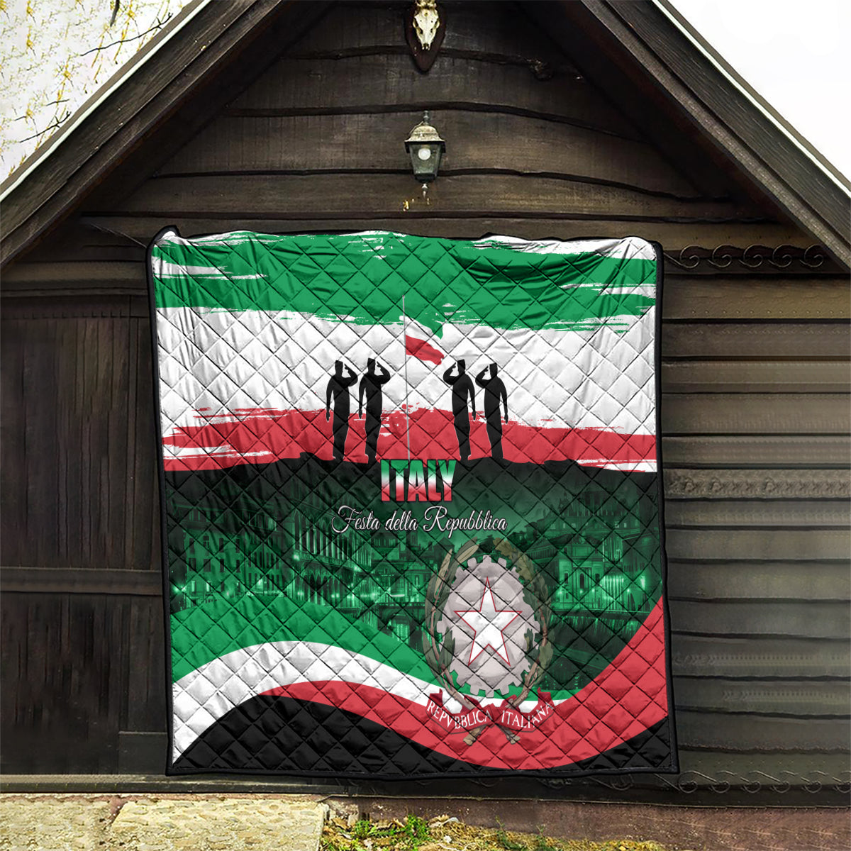 Italy Republic Day quilt on porch, green white red flag, “ITALY” and star emblem