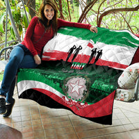 Italy Republic Day quilt on couch, green white red flag, soldier silhouettes, star emblem