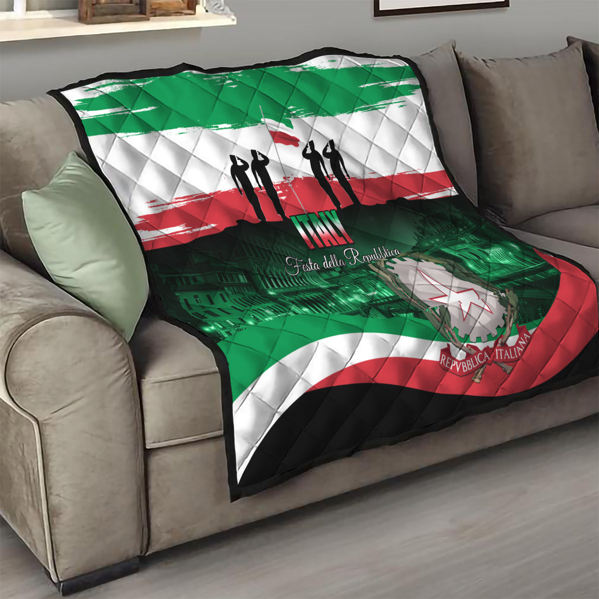Italy Republic Day quilt on sofa, green white red flag with star emblem and “Festa della Repubblica”