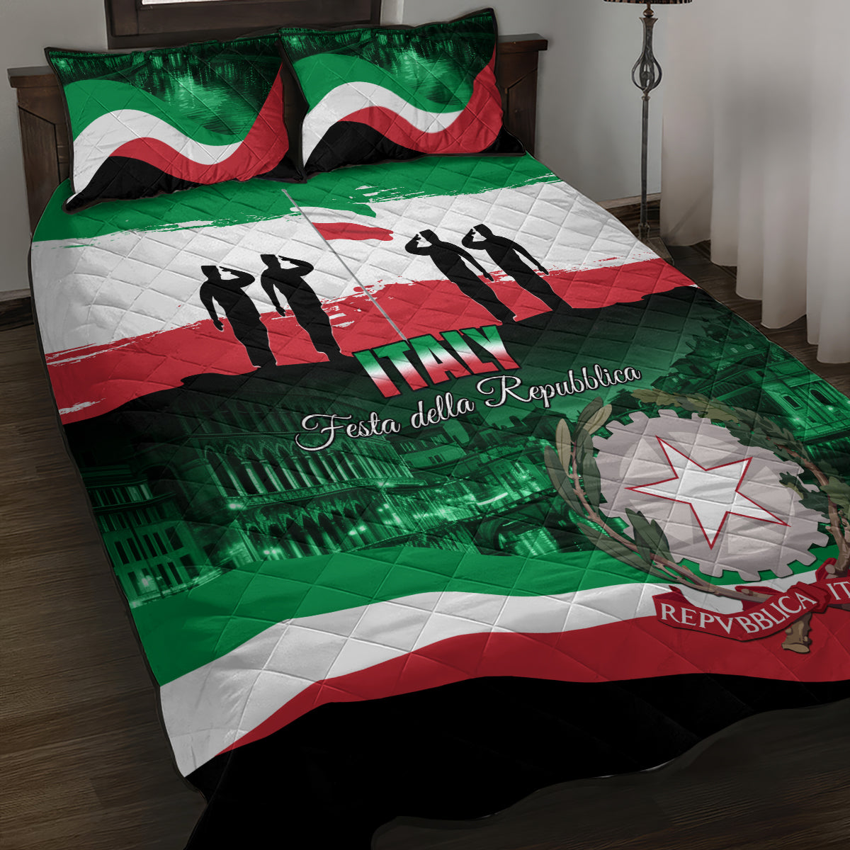 Italy Republic Day quilt bed set, green/white/red flag design, star emblem, 2 pillows