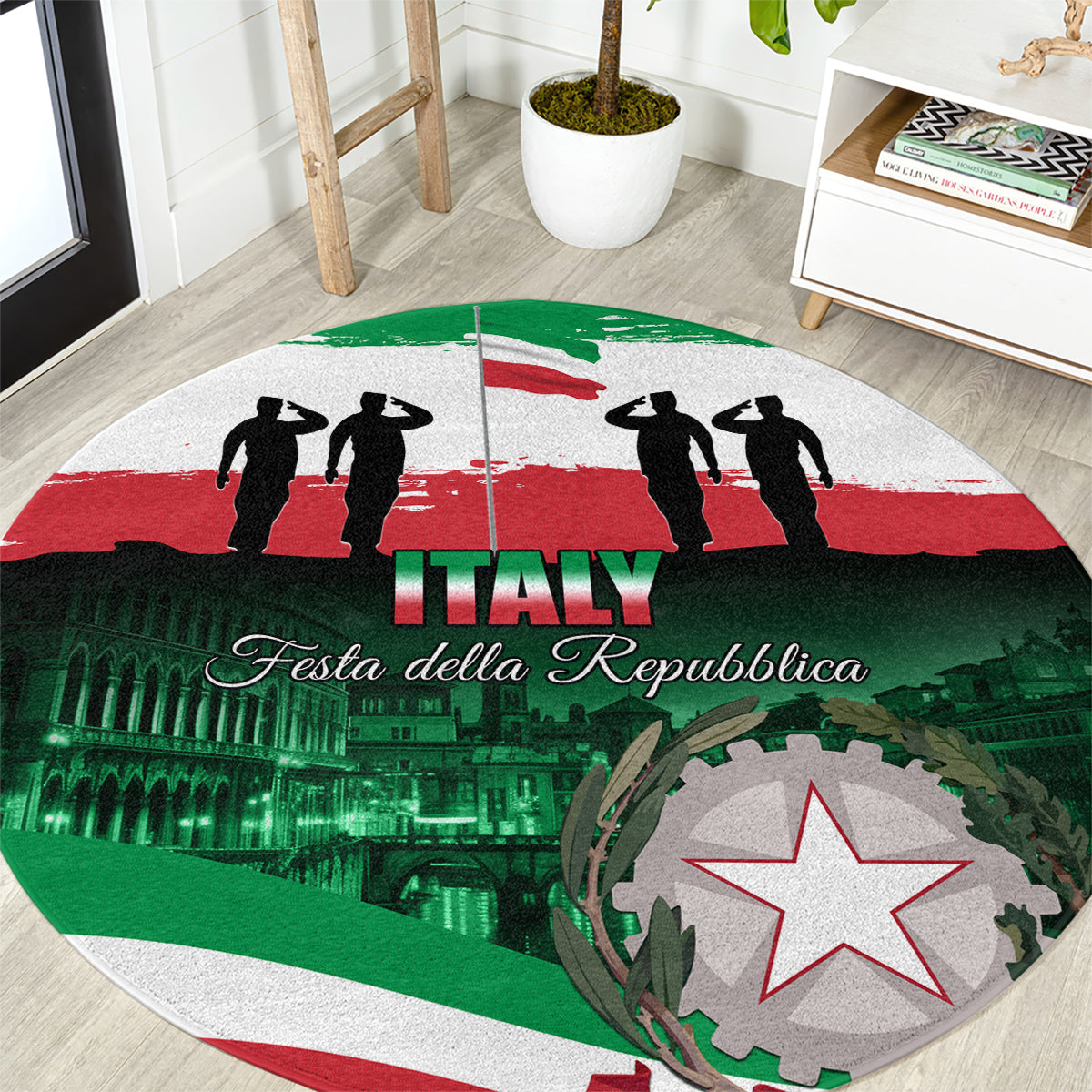 Round area rug with Italy flag colors, “Festa della Repubblica” text, and star