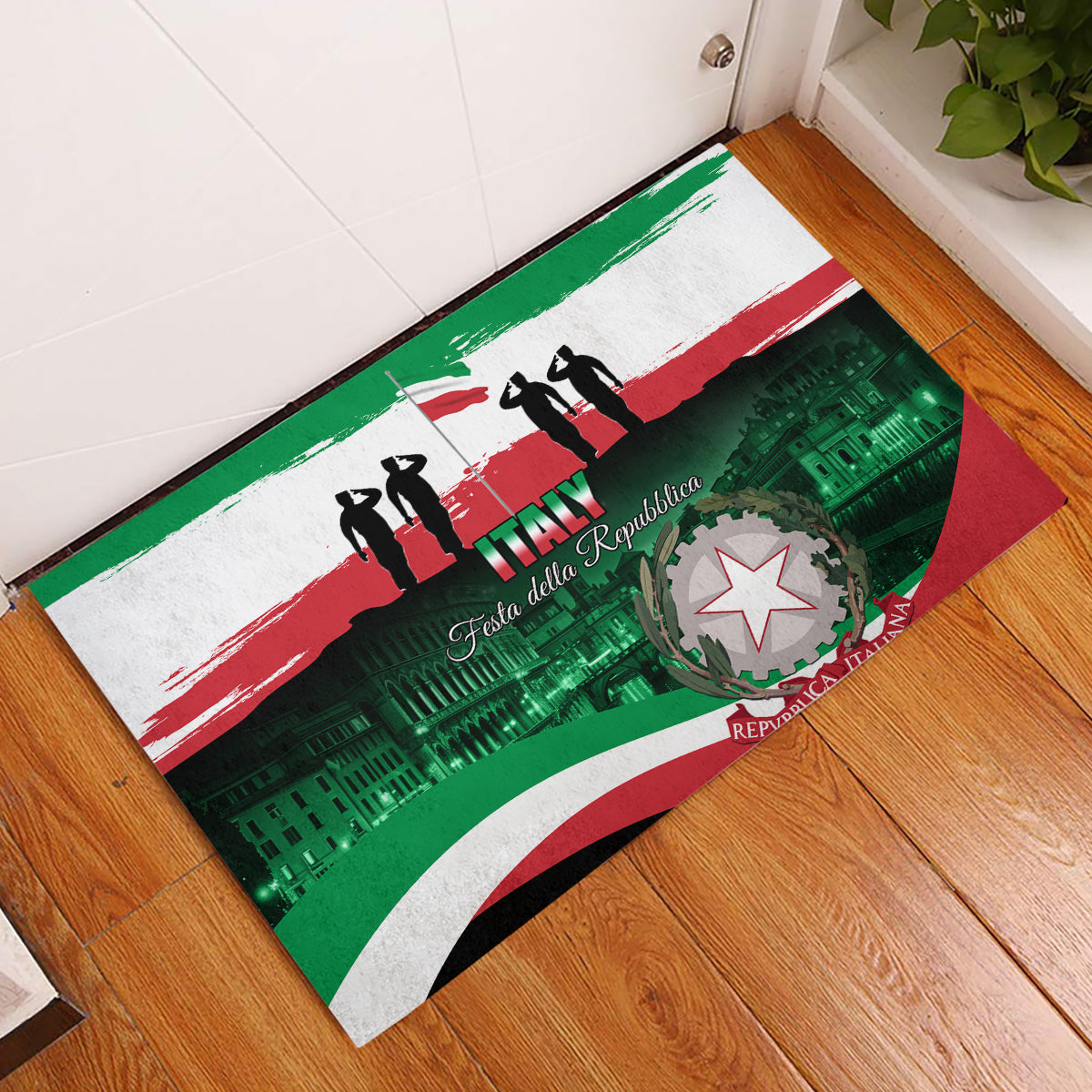 Green red white Italy flag rubber doormat with silhouettes and star emblem