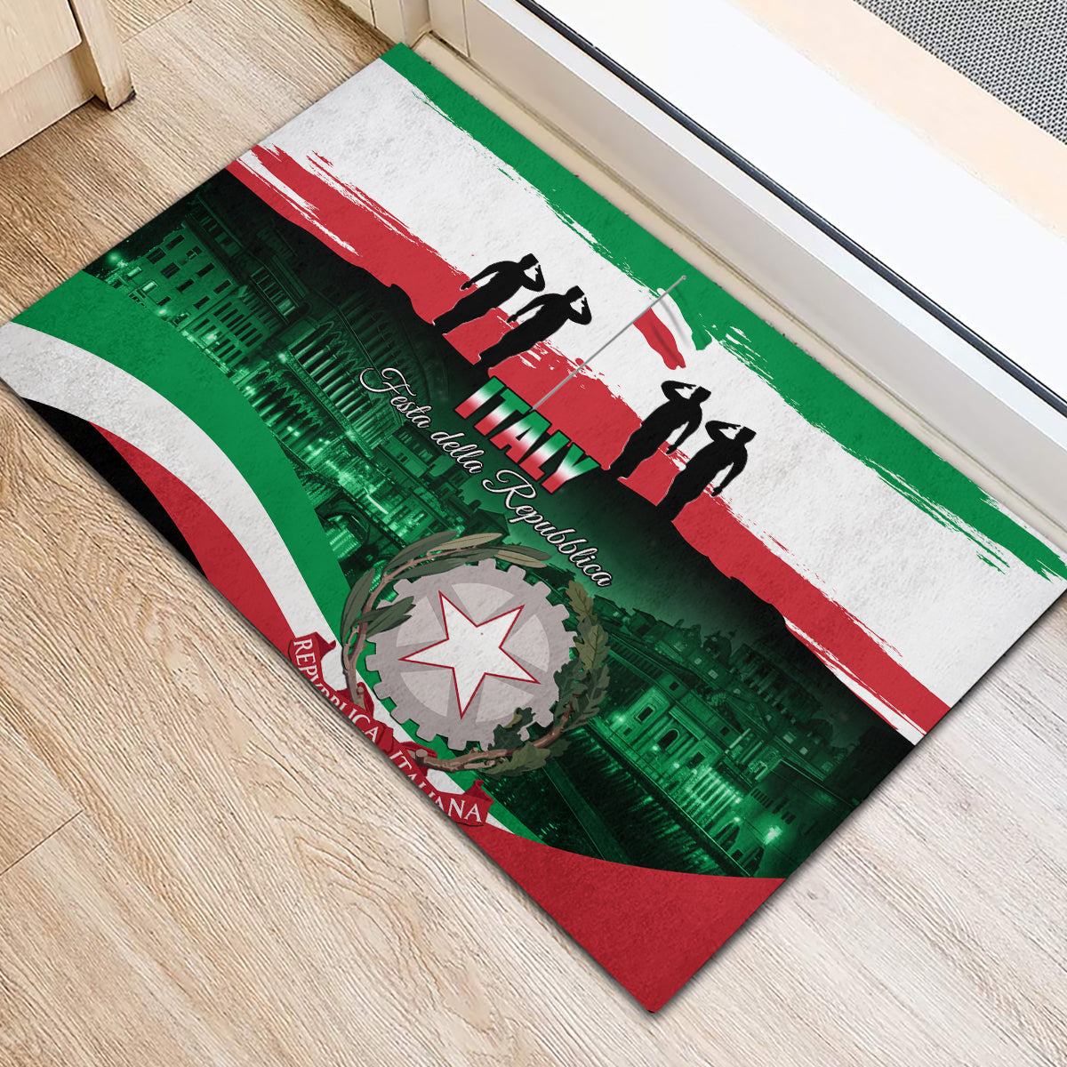 Italy flag rubber doormat with black silhouettes, green cityscape, and star crest