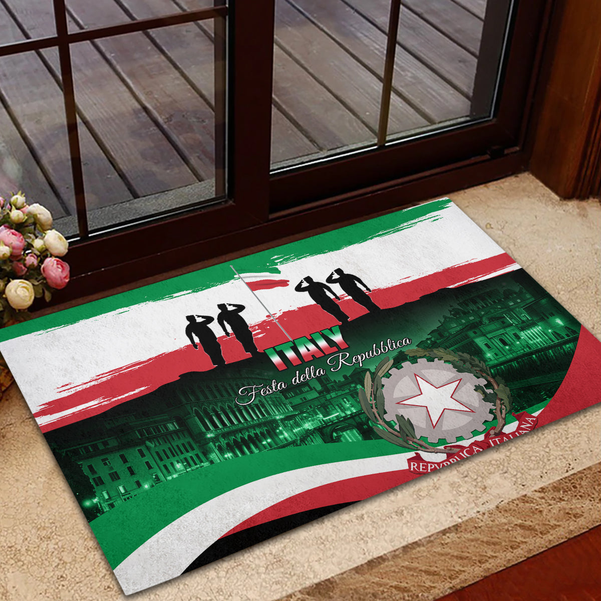 Italy flag rubber doormat with green city print and red star medallion