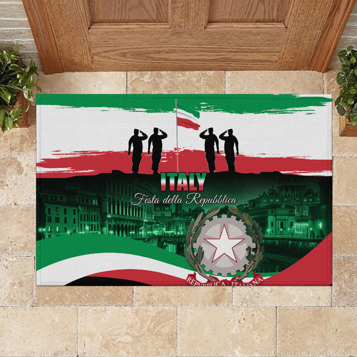 Italy flag rubber doormat with skyline graphic and circular star badge