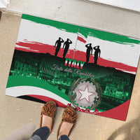 Italy flag rubber doormat with star badge and city skyline, with shoes pictured