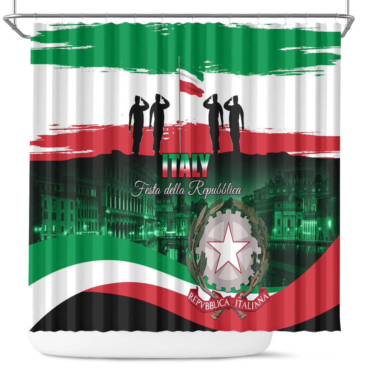 Italian shower curtain with green top stripe, red-white wave bands, Italy lettering, star emblem