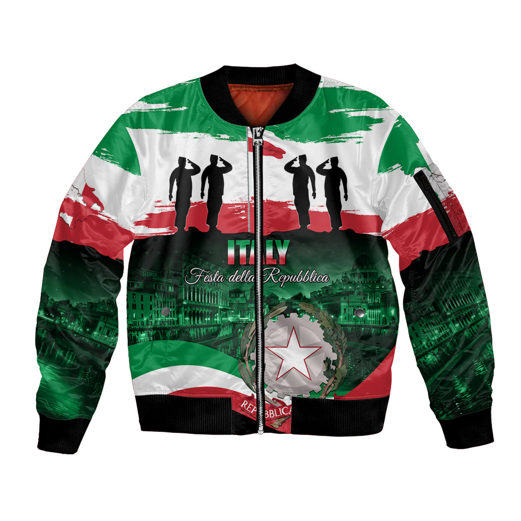 Unisex bomber jacket with full-zip front, ribbed cuffs, green white red Italy graphic