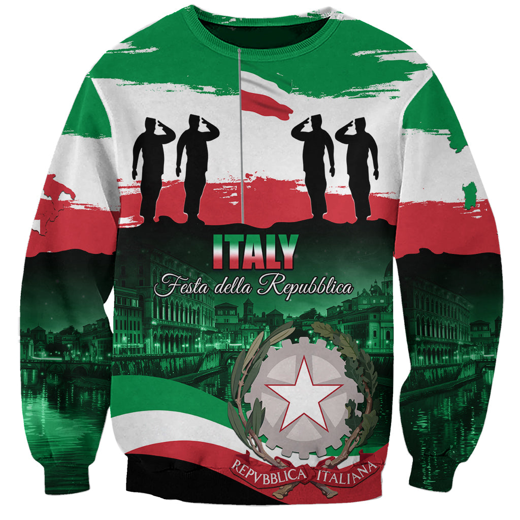 Green, white, and red graphic crewneck sweatshirt with Italy text and crest emblem