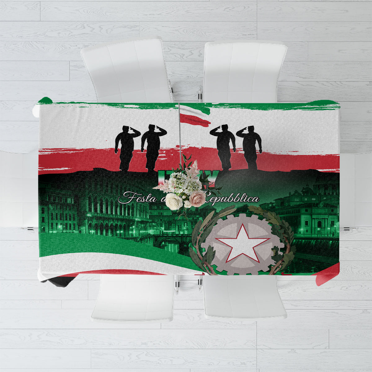 Republic Day tablecloth with red, green, white print, city scene and people silhouettes