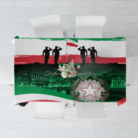 Republic Day tablecloth with red, green, white print, city scene and people silhouettes