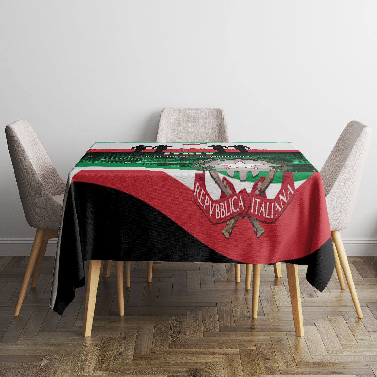Republic Day tablecloth with red, green, white print and “Repubblica Italiana” logo