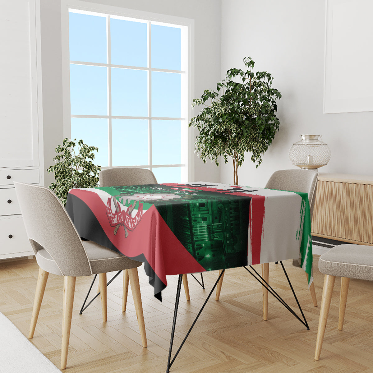 Republic Day tablecloth draped over round table, red green white graphic design