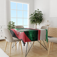 Republic Day tablecloth draped over round table, red green white graphic design