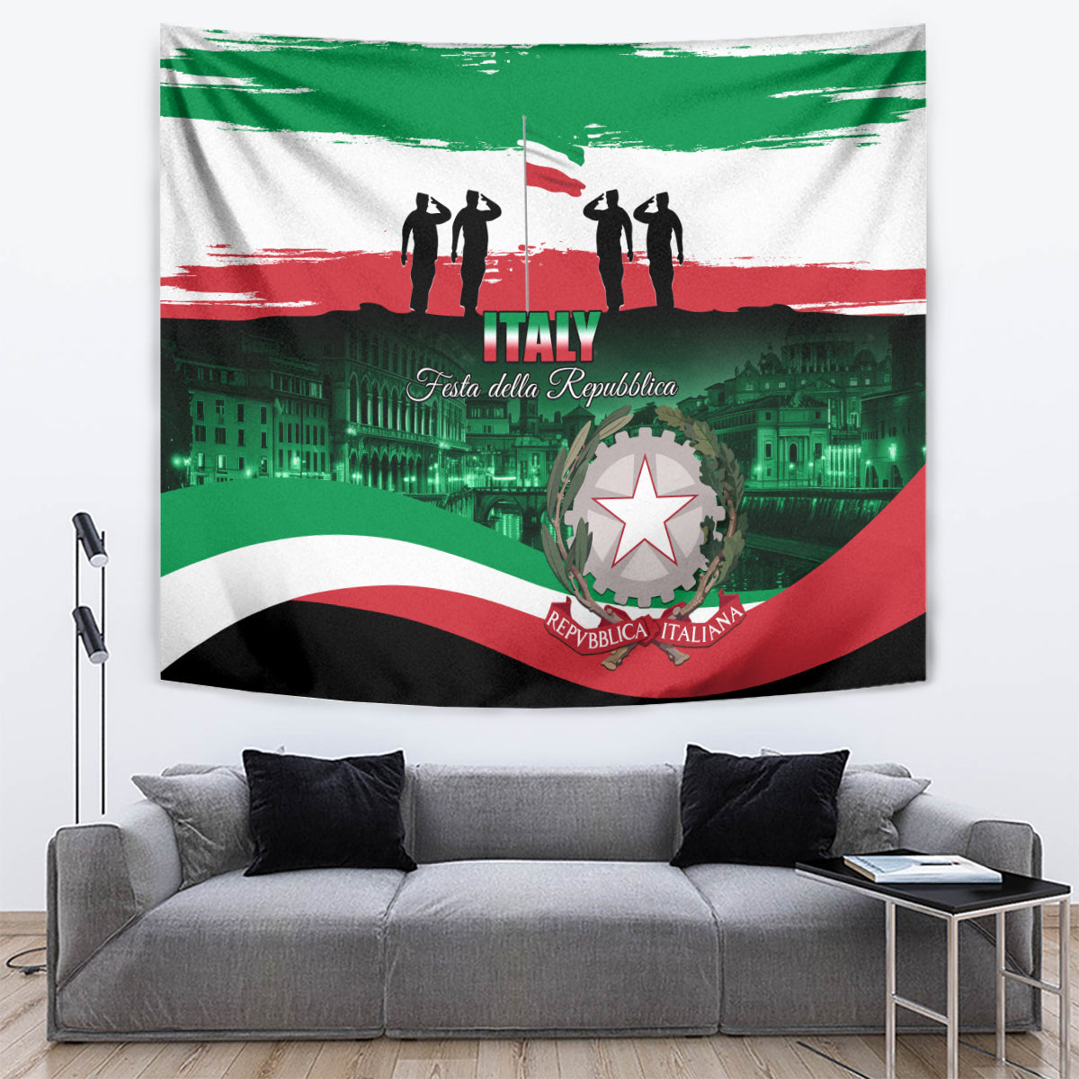 Republic day tapestry with tricolor stripes and central star crest