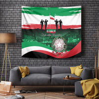 Republic day tapestry hanging on wall with green cityscape and tricolor bands