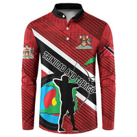 Red long-sleeve archery button sweatshirt, black collar, front country-themed graphic