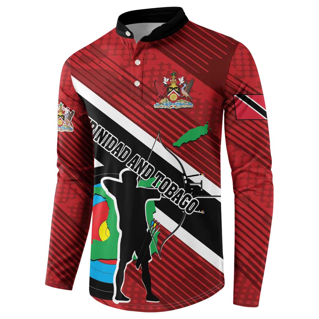 Red archery button sweatshirt with black collar, front graphic and sleeve patch
