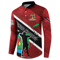 Red archery button sweatshirt with black collar, front graphic and sleeve patch