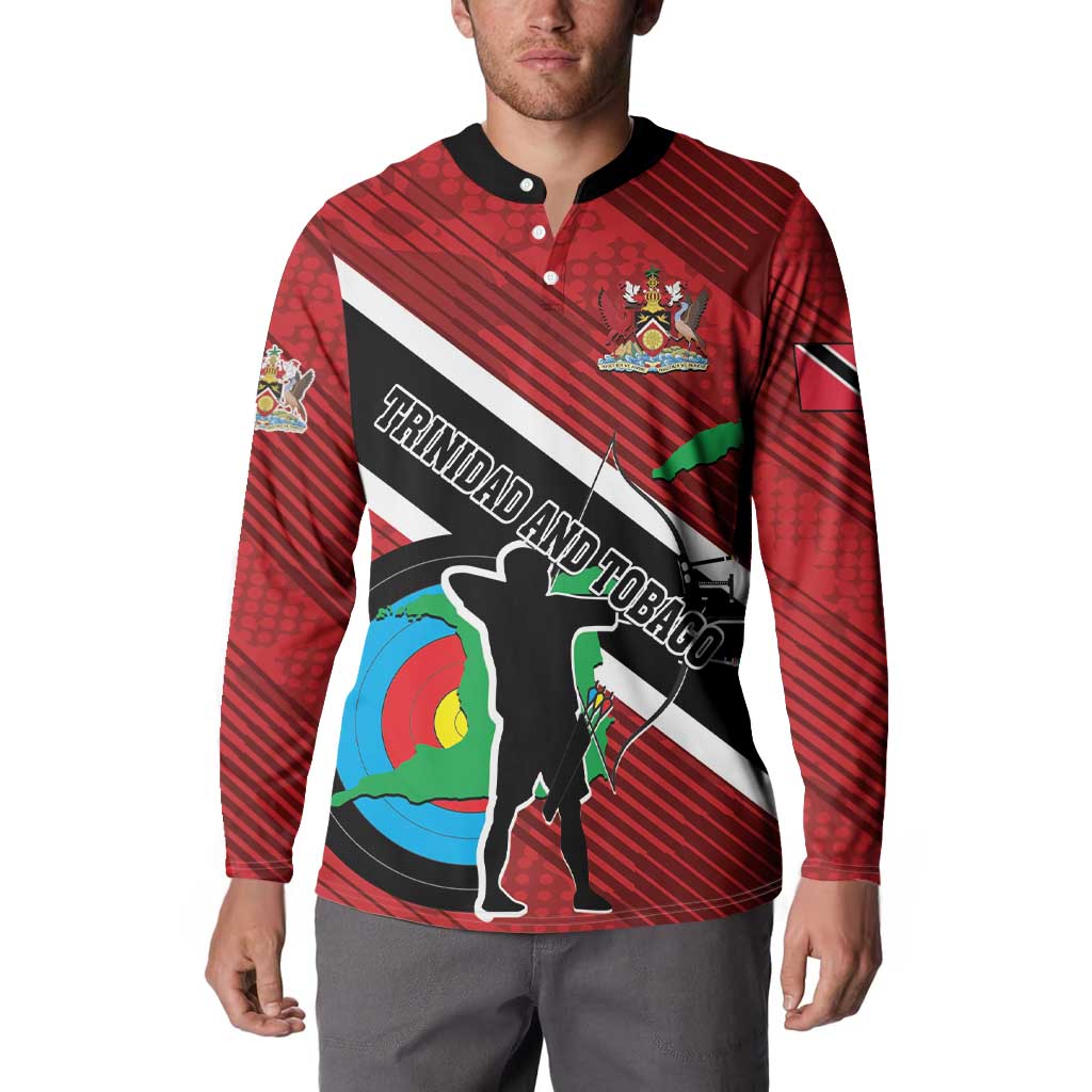 Red archery button sweatshirt on model, black collar and front country graphic print