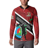 Red archery button sweatshirt on model, black collar and front country graphic print