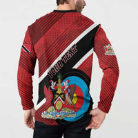 Red archery button sweatshirt, back YOUR TEXT graphic with crest and bird