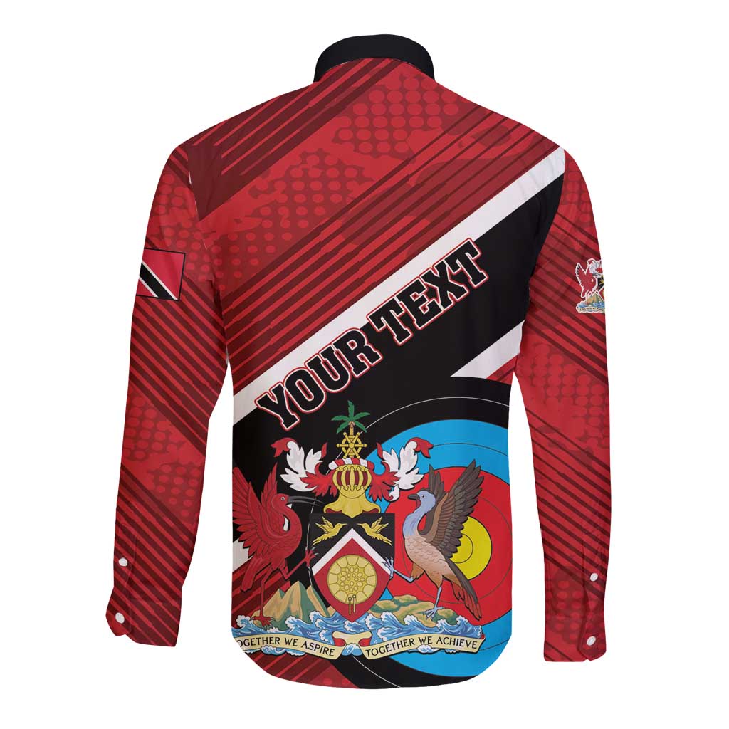Red long-sleeve button shirt with black back panel, crest and 'YOUR TEXT', back view