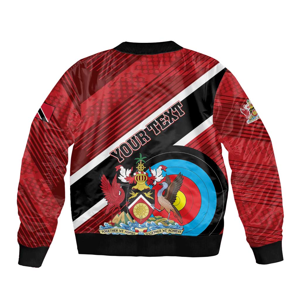 Red personalized zip bomber jacket with large archery emblem and Tobago crest on back