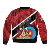 Red personalized zip bomber jacket with large archery emblem and Tobago crest on back