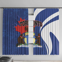 Blue Toronto window curtain with red maple leaf and shield graphic on two panels