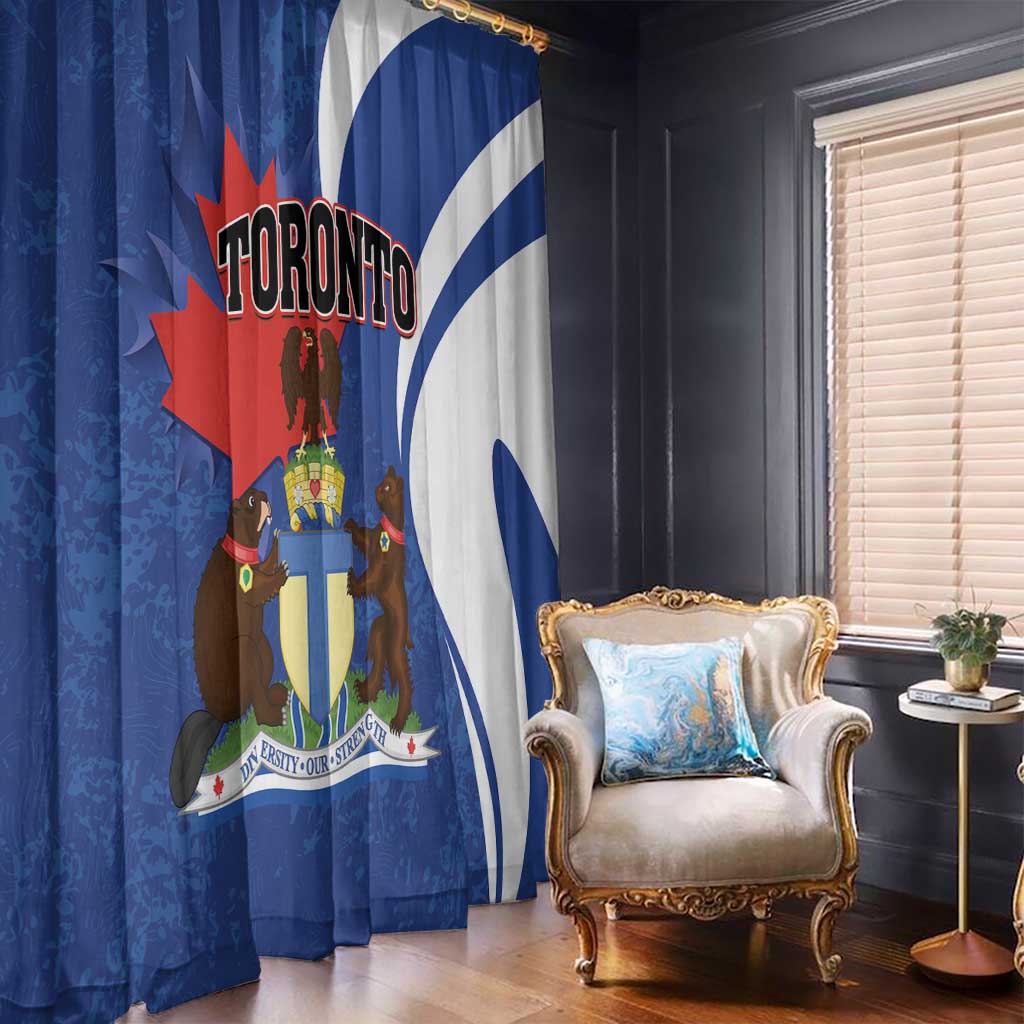 Blue Toronto window curtain set with central shield and bear figure, two panels