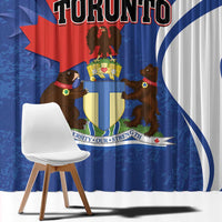 Blue Toronto curtain panel with TORONTO text and maple leaf flag graphic, angled view