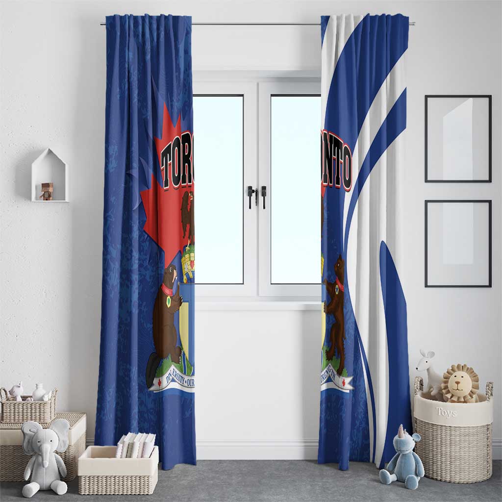 Blue Toronto curtain panels with maple leaf and bear characters, full-room view