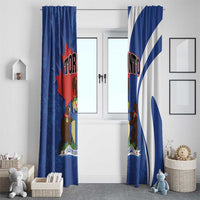Blue Toronto curtain panels with maple leaf and bear characters, full-room view