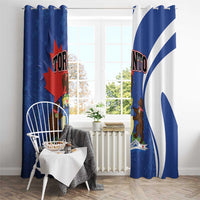 Blue Toronto curtain panels with hooks on top and diagonal ribbon design, two panels