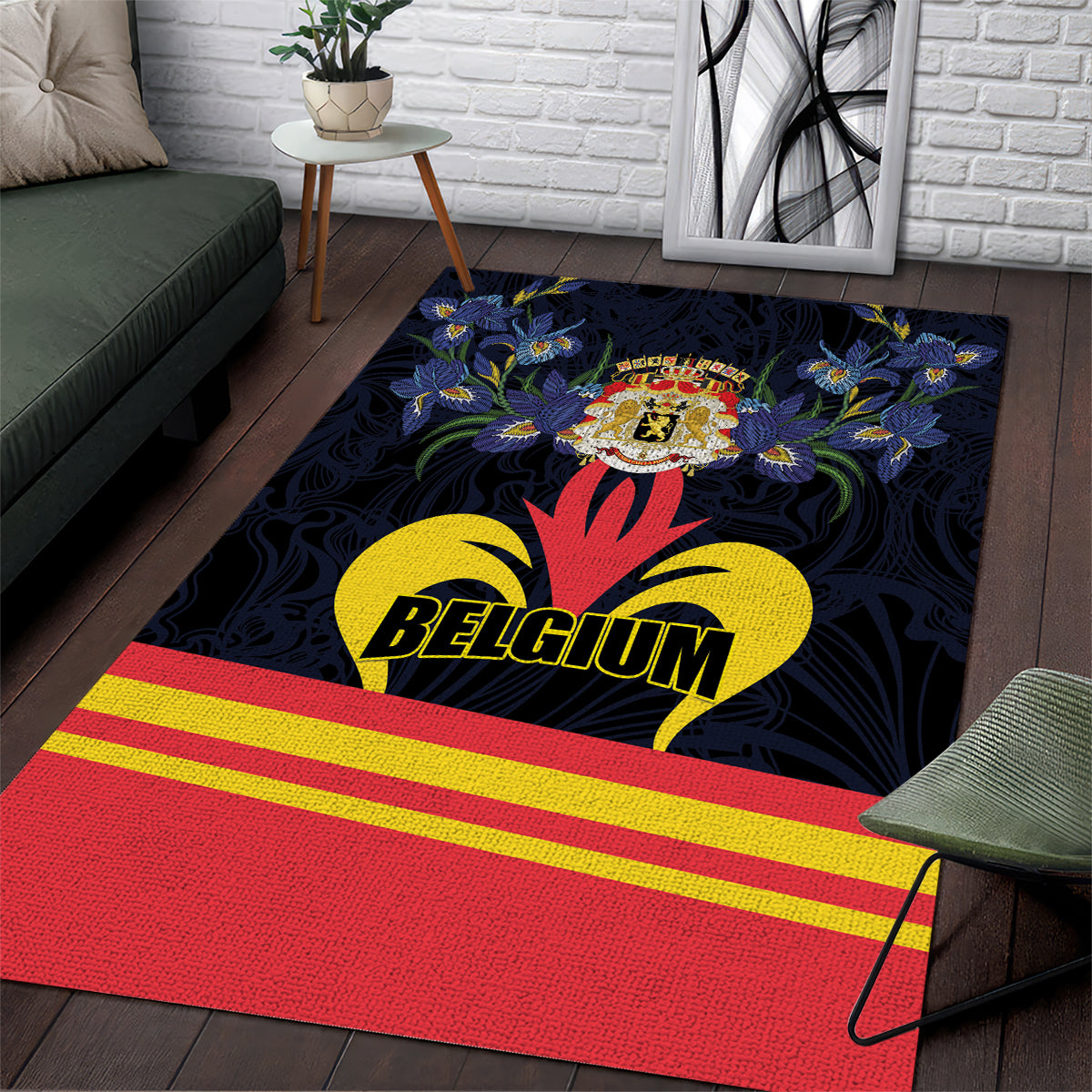 Rectangular Belgium-themed area rug, dark blue with crest, BELGIUM text, and flag stripes